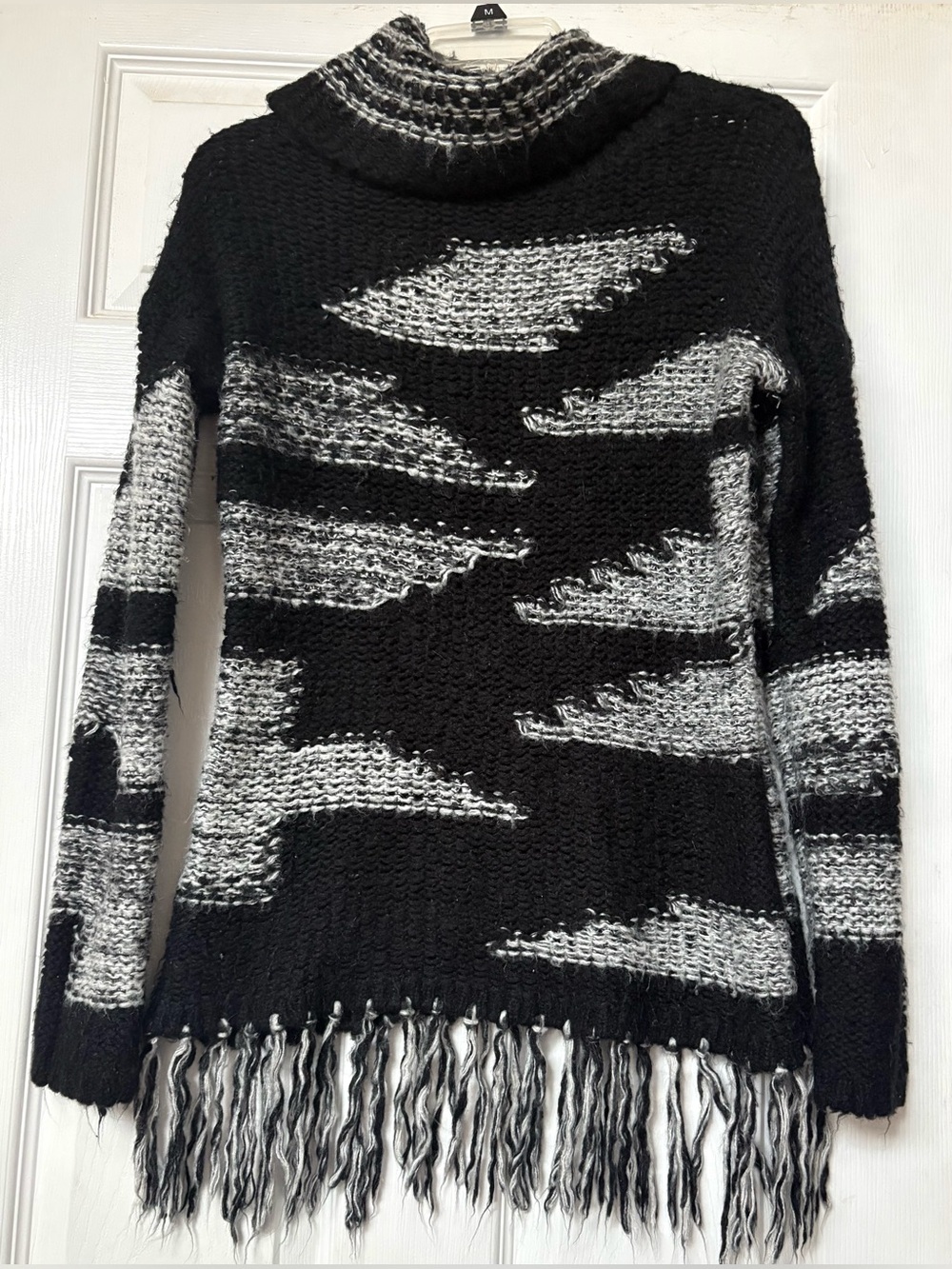 Black & White Fringe Turtleneck Sweater. Venus. Size: XS